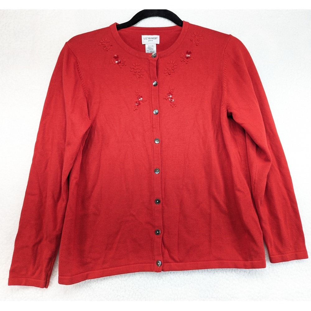 Liz Baker Petite Red Cardigan Sweater Floral Embroidery Sequin Button Front PS